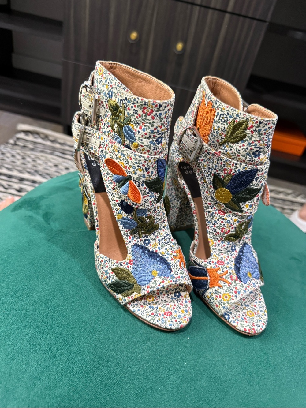 Floral Embroidered Open-Toe Ankle Boots - Multicolor